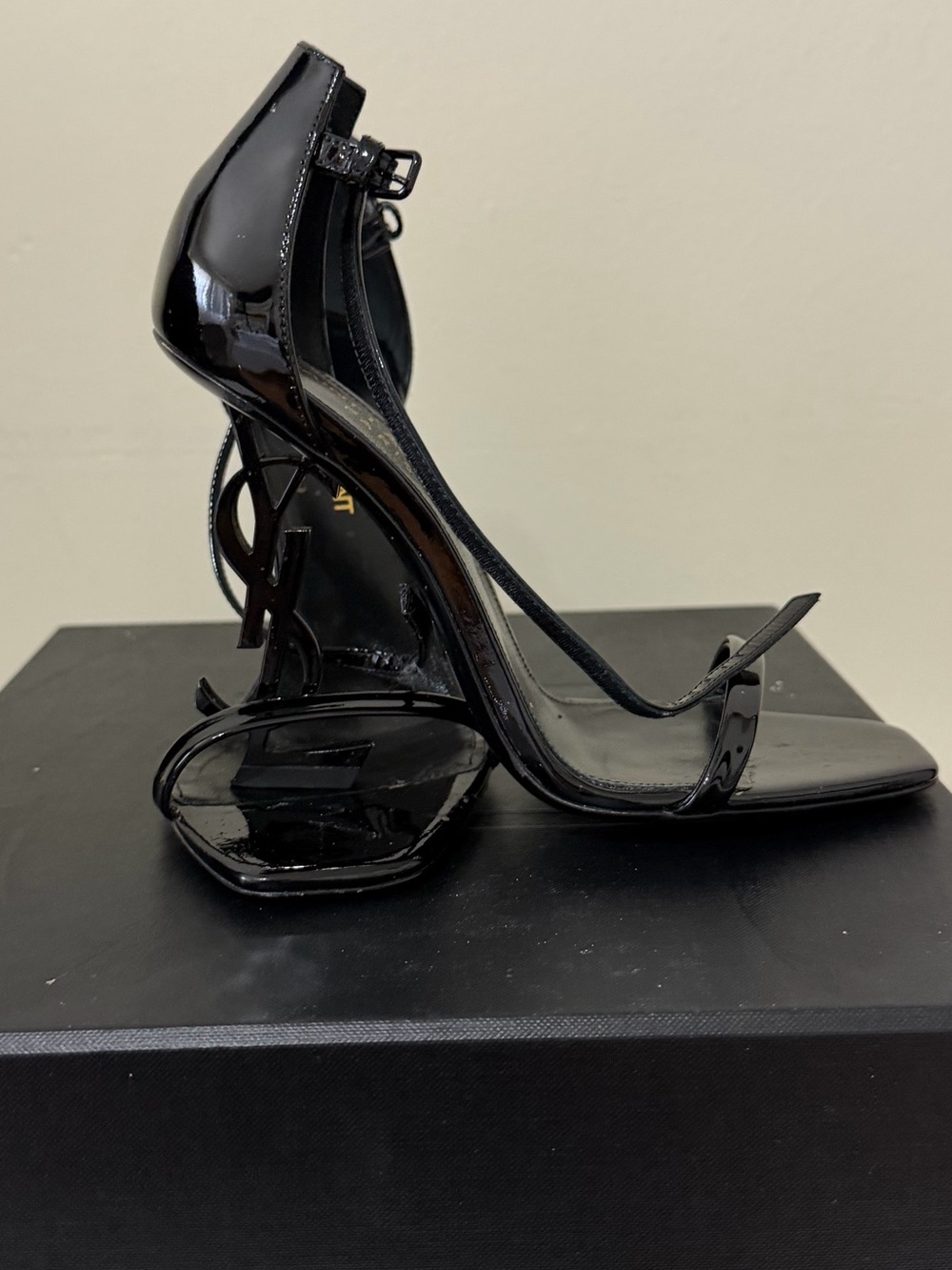 Saint Laurent Black Patent YSL Sculptural Heel Sandals